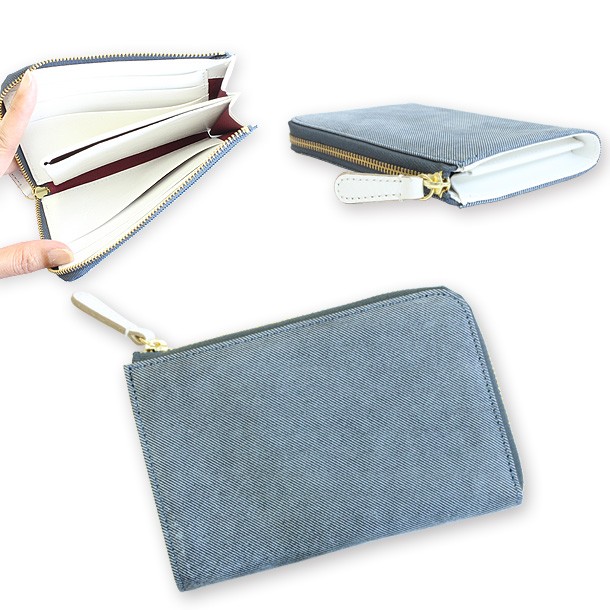 財布 レディース メンズ コンパクト デニム調レザー 小さめ 革 本革 L字ファスナー 小銭入れ 日本製 ライム マキシム デニム L8092 | LIME made in japan | 01