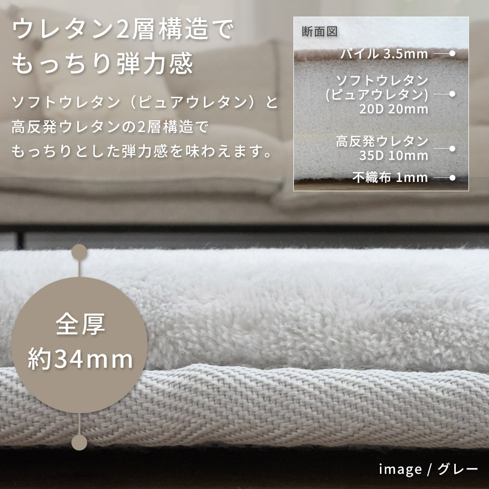 ウレタン2層構造でもっちり弾力感/ソフトウレタン（ピュアウレタン）と高反発ウレタンの2層構造でもっちりとした弾力感を味わえます。