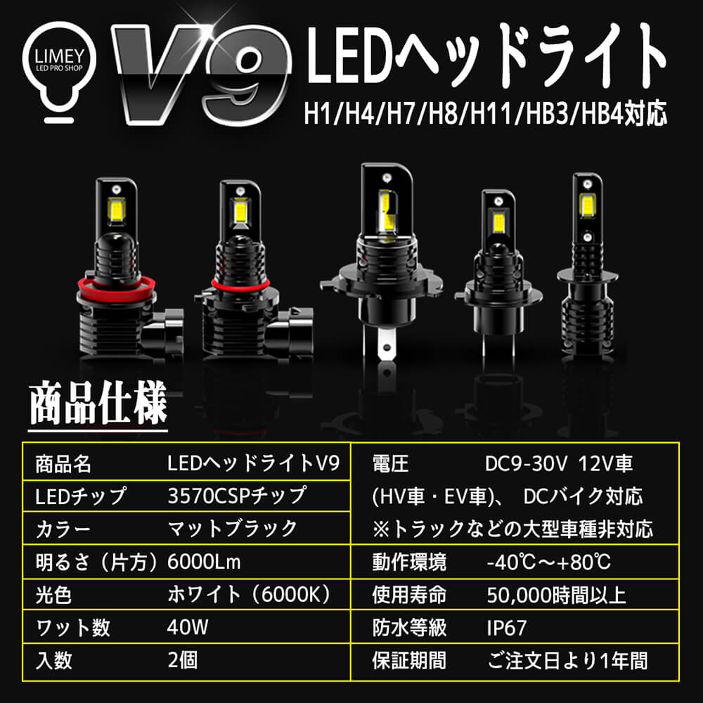 ヘッドライト LED バルブ 爆光 フォグランプ 車検対応 ヘッドランプ オールアルミ合金 H4 V9 H1 H7 H8 H9 H11 2個入り ライト、レンズ 