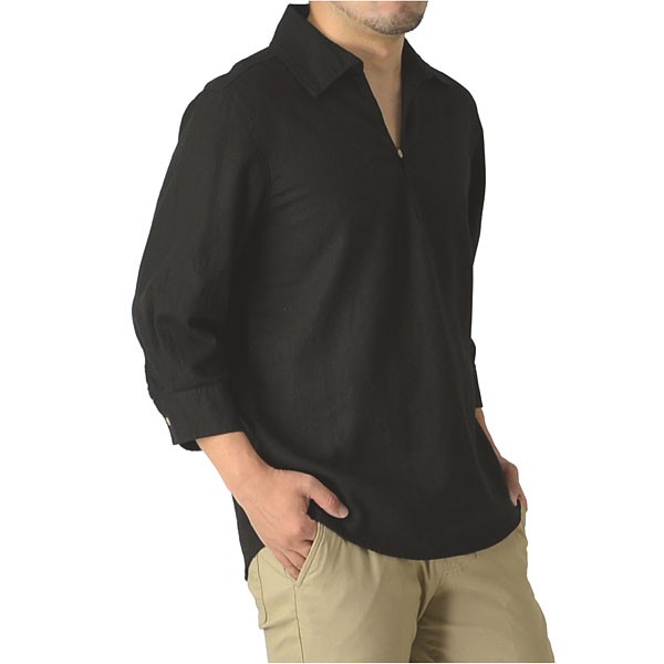 シャツ 7分袖 メンズ フレンチリネン カプリシャツ プルオーバー シャツ 麻 無地 通販A15