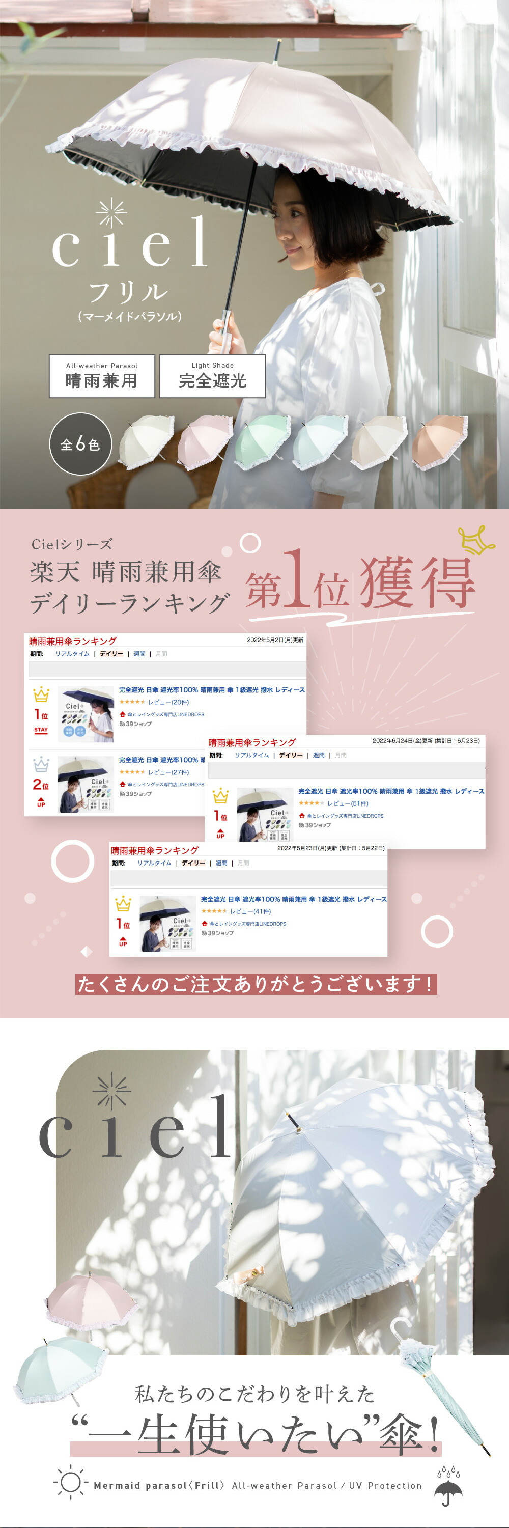 日傘 完全遮光 マーメイドパラソル フリル 遮光率99.99%以上