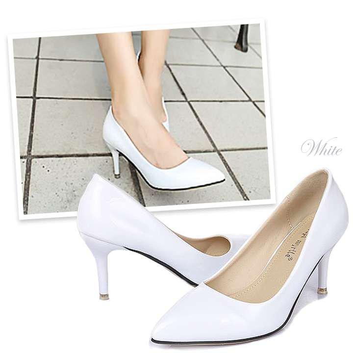 You Color 8cmヒール プレーンパンプス エナメル調 靴 レディース