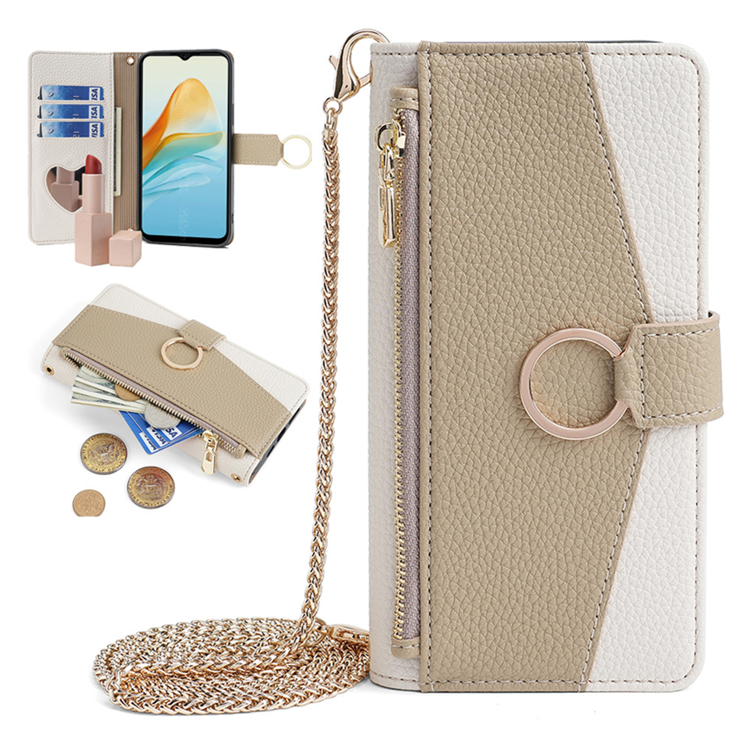Galaxy A55 5G ケース 手帳型 財布一体 金メッキチェーンストラップ 両手自由 鏡 小銭入れ カード収納付き｜lit｜02