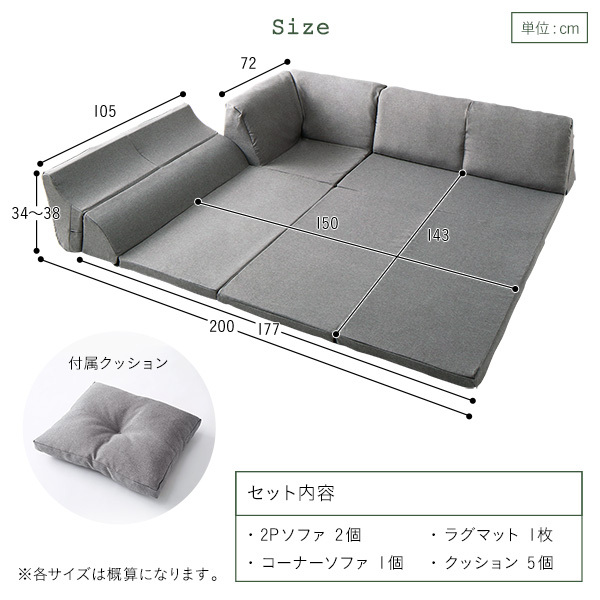 日本製 フロアマット付き ソファセット 〔グレー 〕麻風織り生地