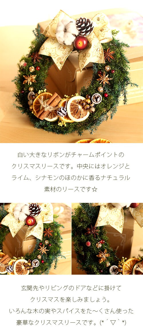 白いリボンのオレンジとスパイスのクリスマスリース lpm0108 商品イメージ0
