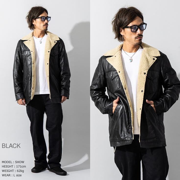 希少 リューグーレザーズ カウレザー 牛革 ジャケット ボア 羊毛 L Liugoo Leathers 本革 総ボア レザーランチコート メンズ リューグー