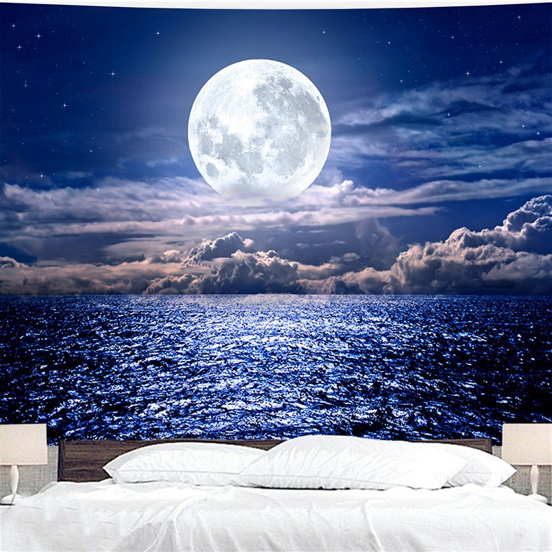 タペストリー 月 満月 海 月の道 絶景 大きい 自然 風景 夜景 星空 夜空 飾り インテリア 撮影 背景 布 きれい 癒し おしゃれ ポスター