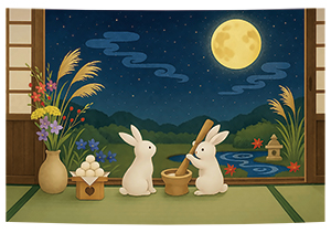 タペストリー 十五夜 中秋 月見 お月見 月 満月 秋 うさぎ 団子 飾り