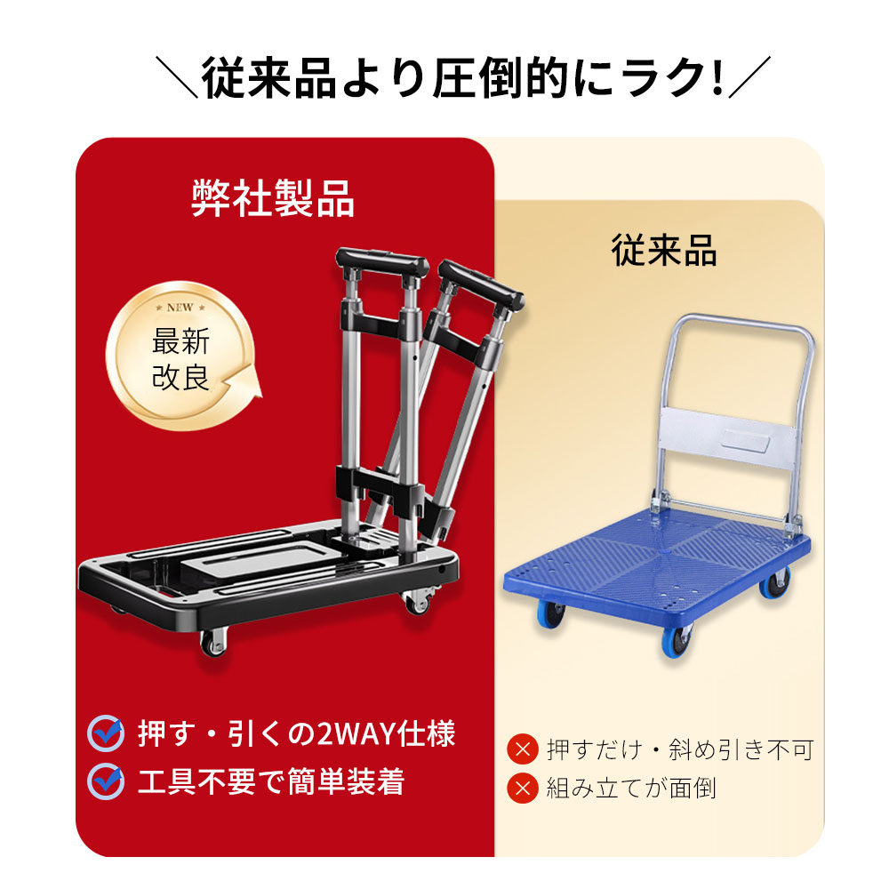 固定ロープ付き 台車 折りたたみ 静音 耐荷重150kg キャスター 360度回転 軽量 コンパクト 10.5cmスリム収納 伸縮ハンドル 2WAY 手押し車 キャリーカート 関連画像3