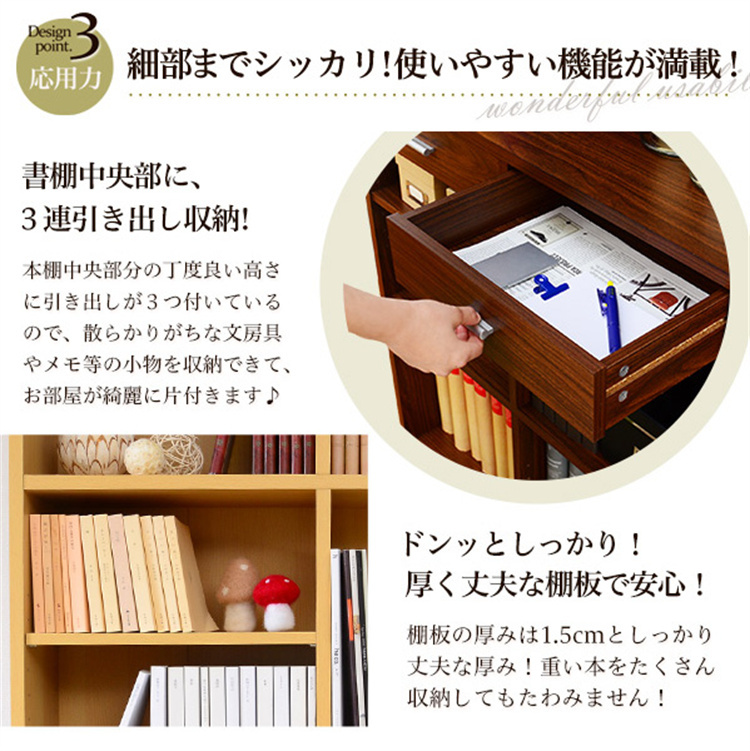 大容量本棚　引き出し付き　壁面収納 本棚 書棚 シェルフ 本収納 収納力抜群 可動棚 120cm幅 3連 大容量