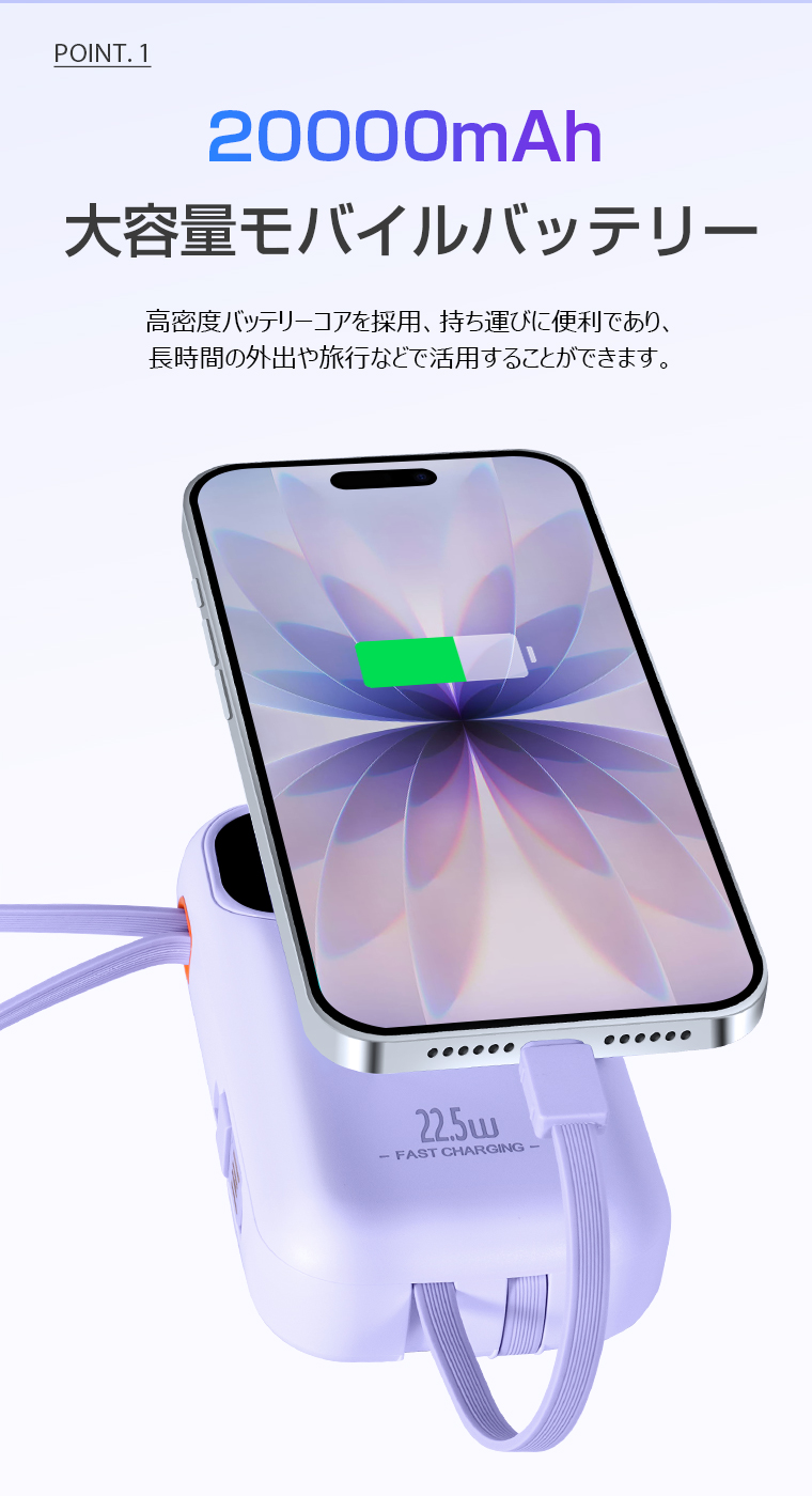 モバイルバッテリー 大容量 ケーブル内蔵 4台...の詳細画像4