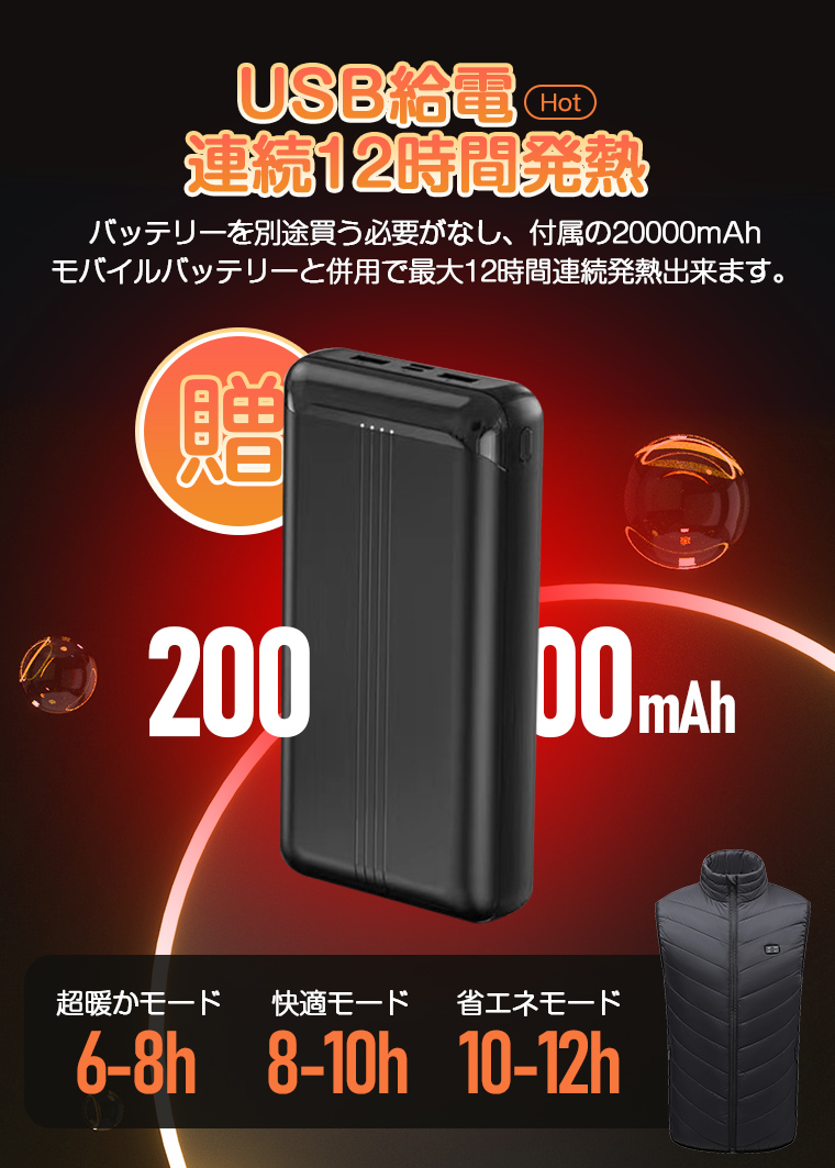 9つヒーター 電熱ベスト バッテリー付 20000mAh モバイルバッテリー 3