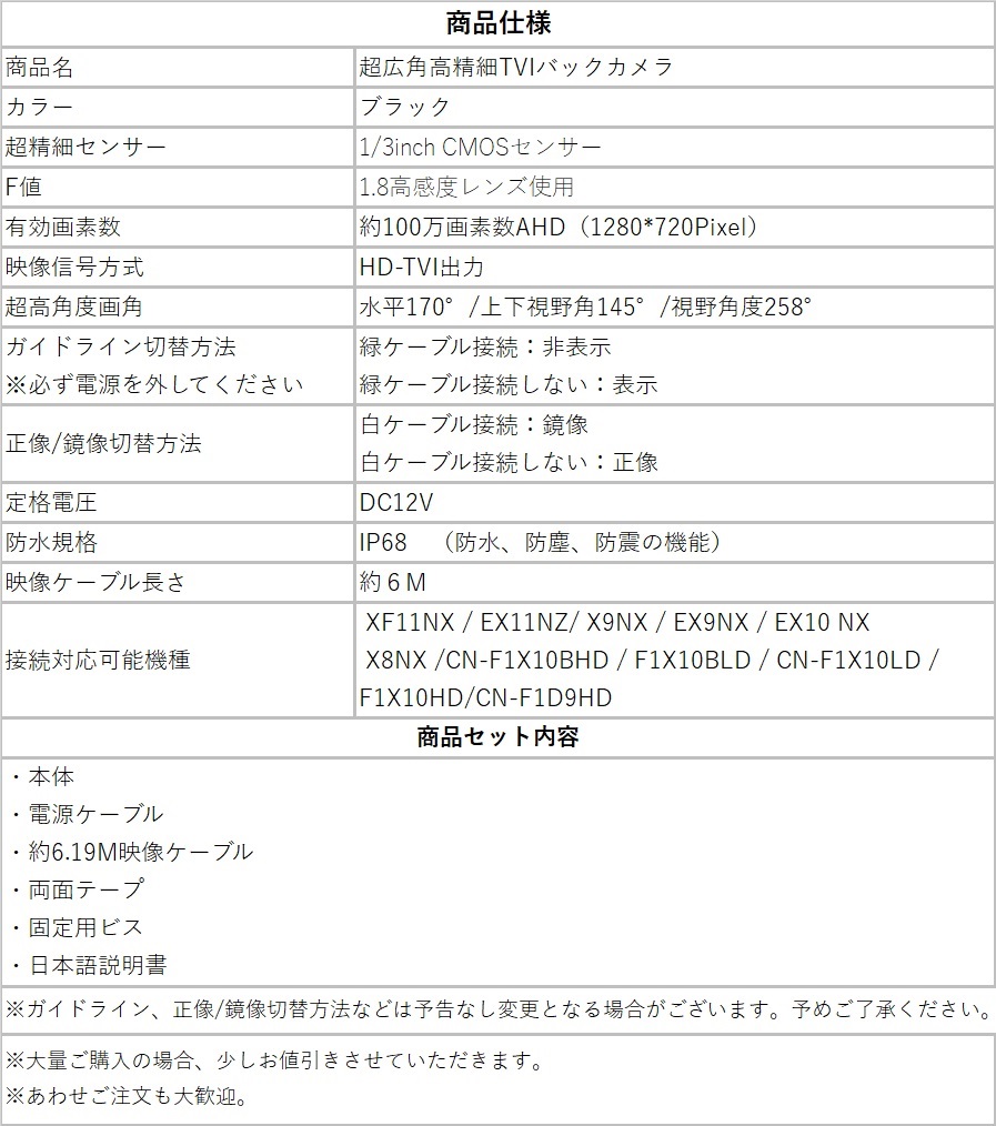 TVI 100万画素 バックカメラ 12V リア/フロントカメラ 正像/鏡像切替