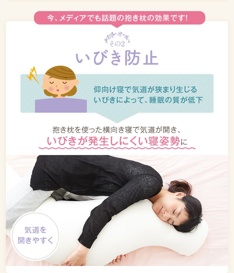 いびき防止　仰向け寝で軌道が狭まり生じるいびきによって、睡眠の質が低下