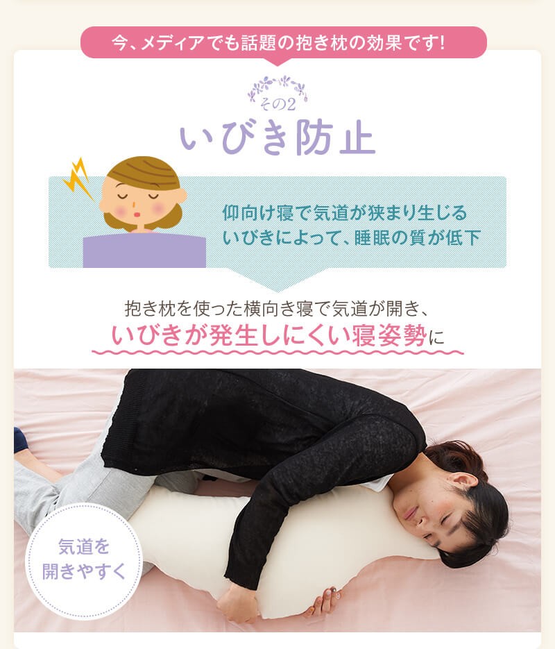 いびき防止　仰向け寝で軌道が狭まり生じるいびきによって、睡眠の質が低下