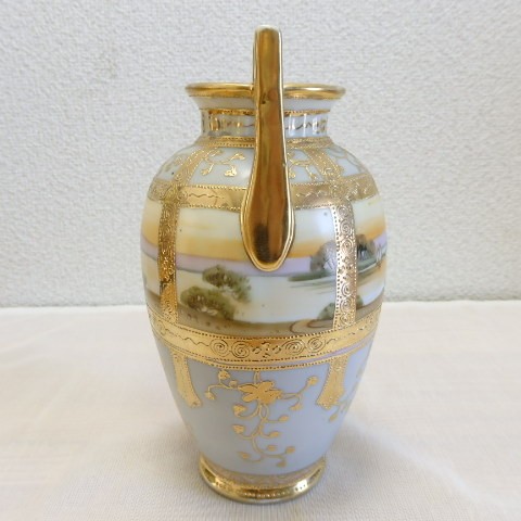 オールドノリタケ　M-Nippon印　花瓶 オールドノリタケ 両手付花瓶 フラワーベース 金盛夕暮れ風景 M-Nippon
