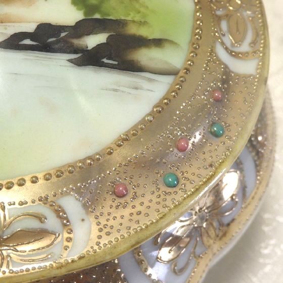 オールドノリタケ 蓋もの 金彩ジュエル湖畔図 メープルリーフ印 1891年