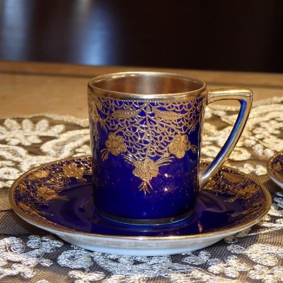 オールドノリタケ コバルト 金盛藍線帯華装飾紋 カップアンドソーサー 