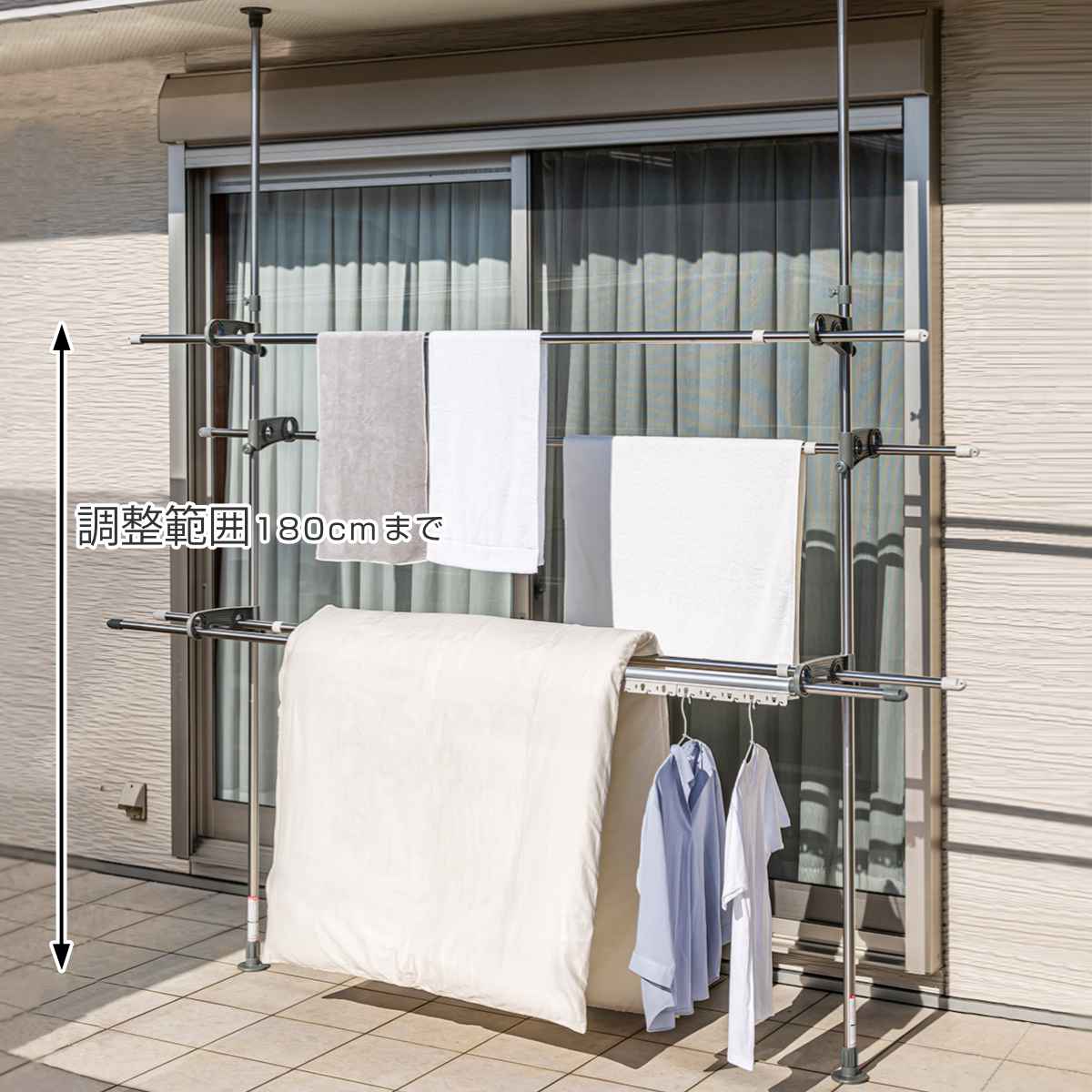 ベランダ突っ張り棒物干し！新品 物干し 室外 ベランダ用突っ張り物干し 3段 （ ポール 突っ張り 洗濯