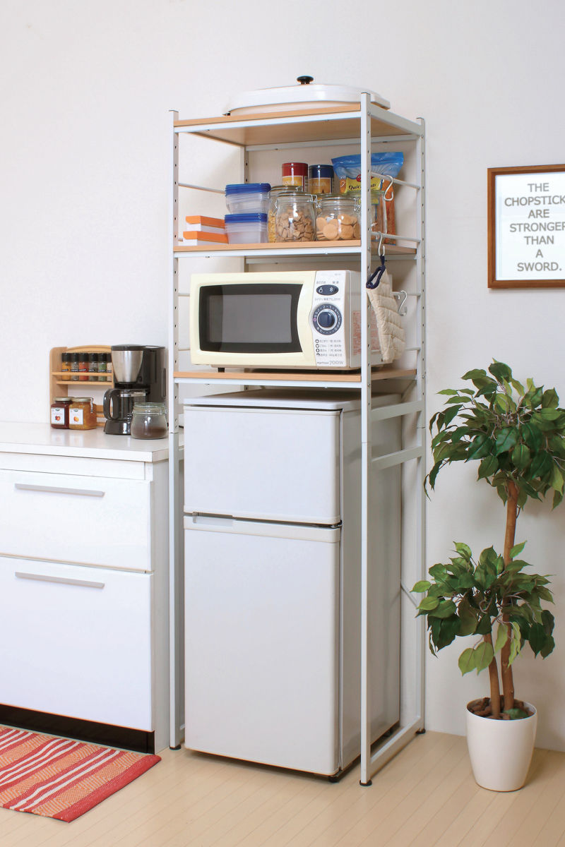 弘益 冷蔵庫ラック 幅58cm スチールフレーム 木目調天板 （ 冷蔵庫上