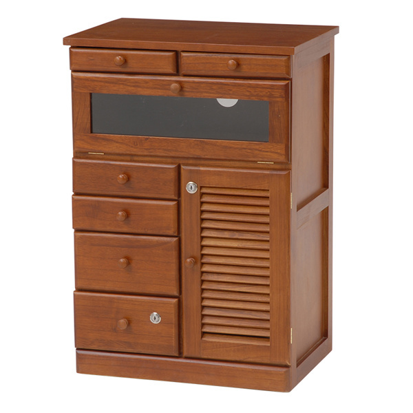 FAX台 桐チェスト 多段引出し フラップガラス扉付 幅52cm （ ファクス