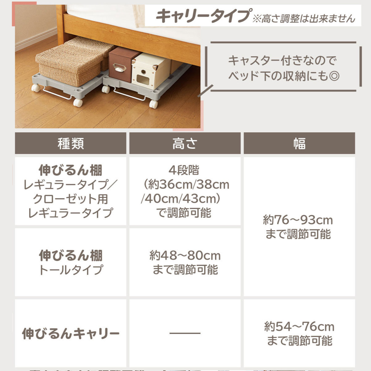 天馬 押入れ収納キャリー 幅54〜76×奥行37×高さ11cm キャスター付き