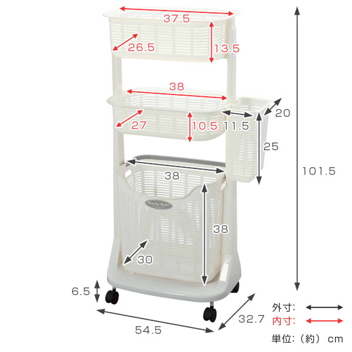 サンコープラスチック ランドリーバスケット ポケット付き 3段 洗濯
