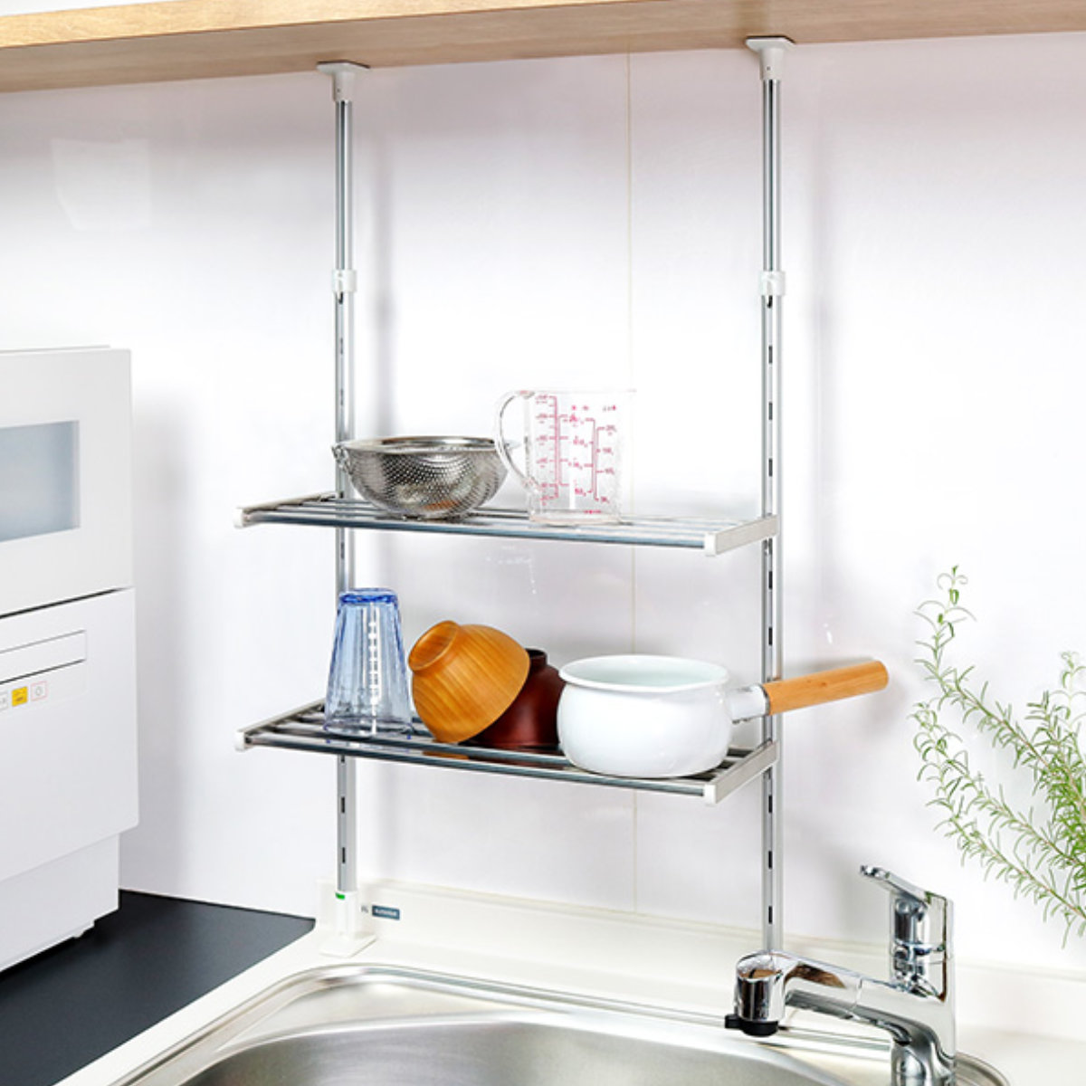 収納ラック つっぱり棚 2段 幅60cm （ シンク上 水切りラック 伸縮