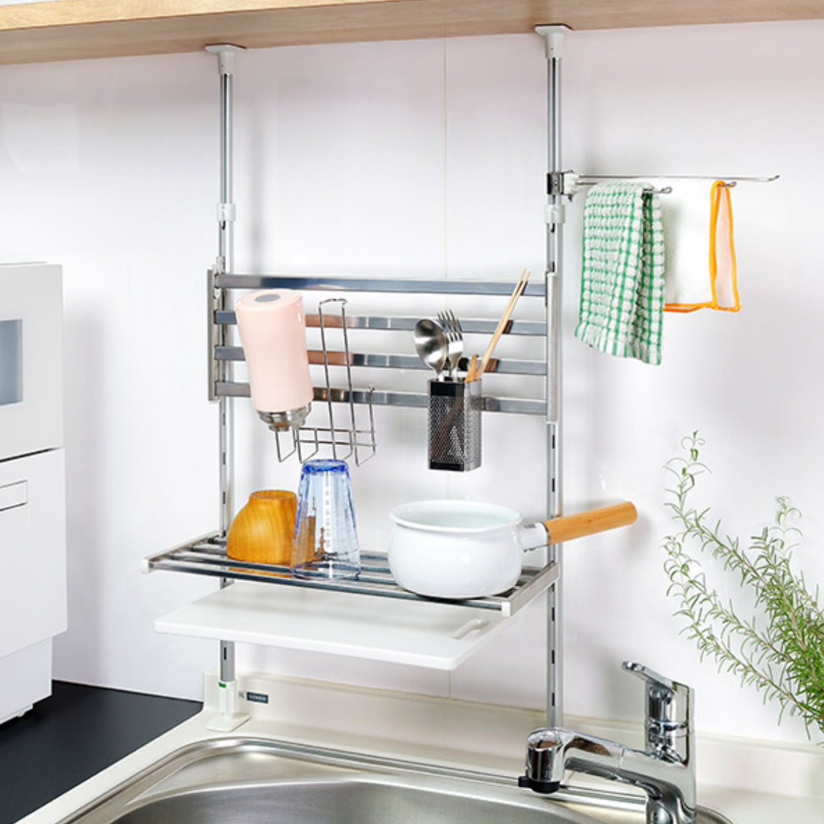 収納ラック つっぱり棚 2段 幅60cm （ シンク上 水切りラック 伸縮