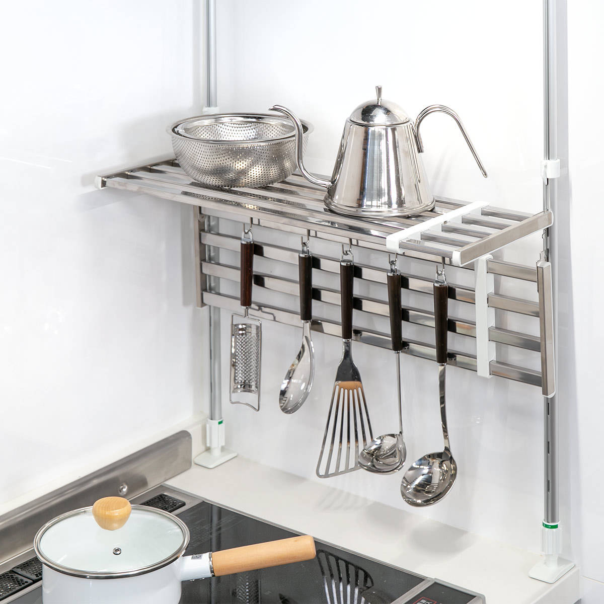 収納ラック 伸縮 つっぱり棚 2段 幅50〜90cm （ シンク上 ステンレス