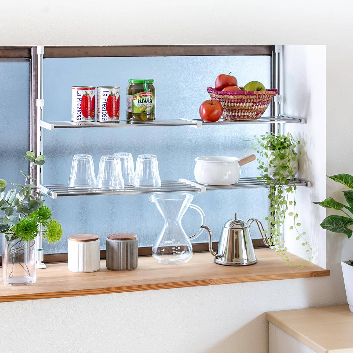 収納ラック 伸縮 つっぱり棚 2段 幅50〜90cm （ シンク上 ステンレス