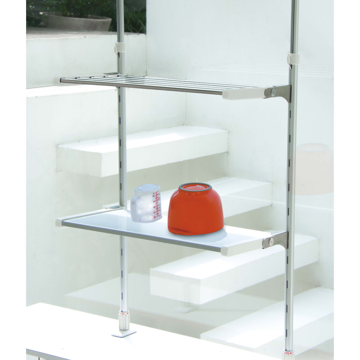 収納ラック つっぱり棚 2段 幅45cm 折りたたみ （ シンク上 水切り