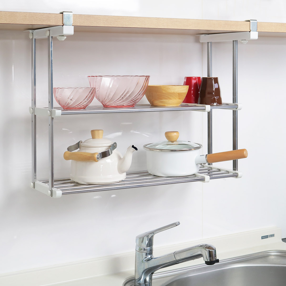 吊戸棚下収納 吊り戸下収納 伸縮式 幅55〜95cm 2段 ステンレス 組立式