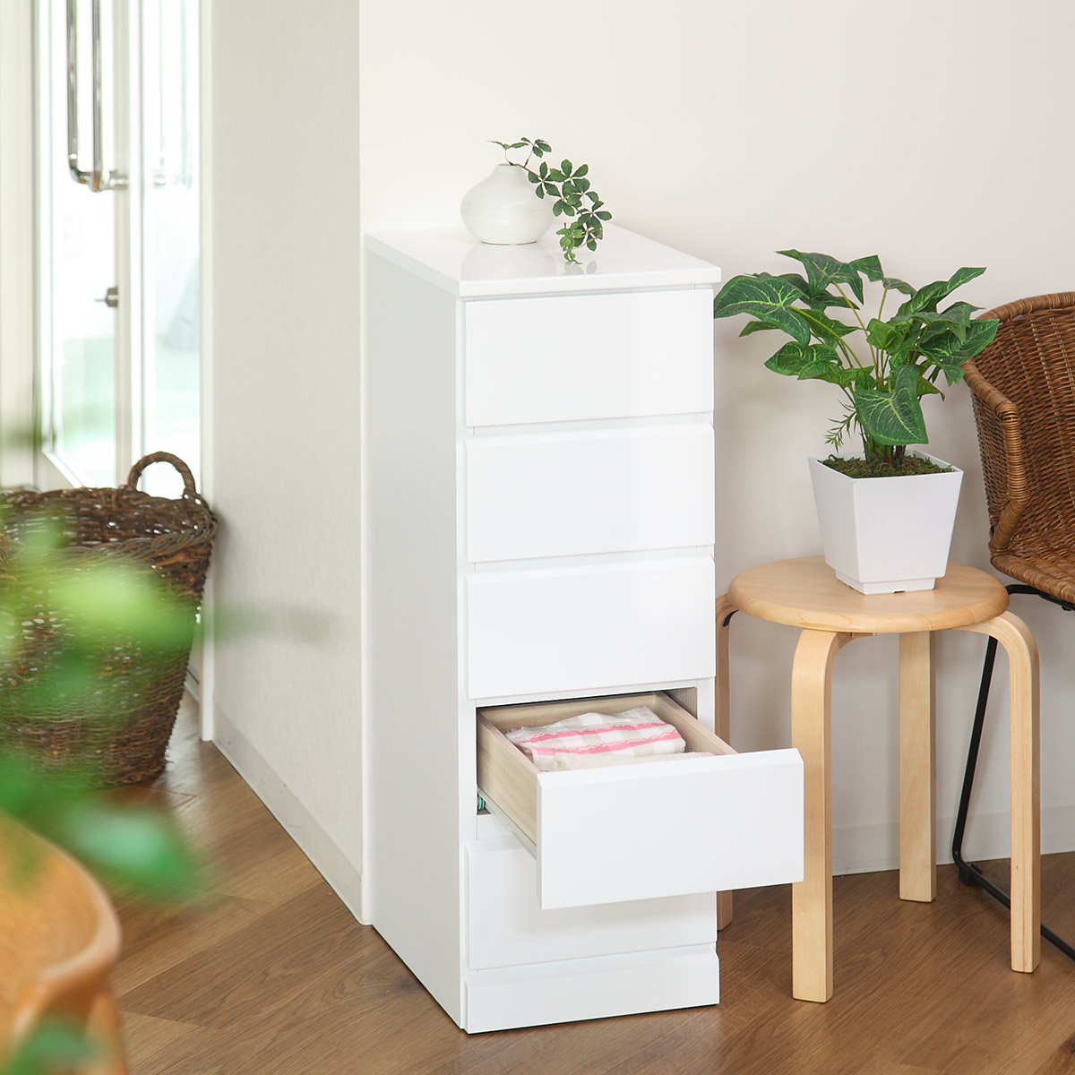 ホワイト鏡面 スリムサイドチェスト 5段 幅30cm シンプル鏡面 スリムサイドチェスト 5段 幅30cm シンプル鏡面 スリム