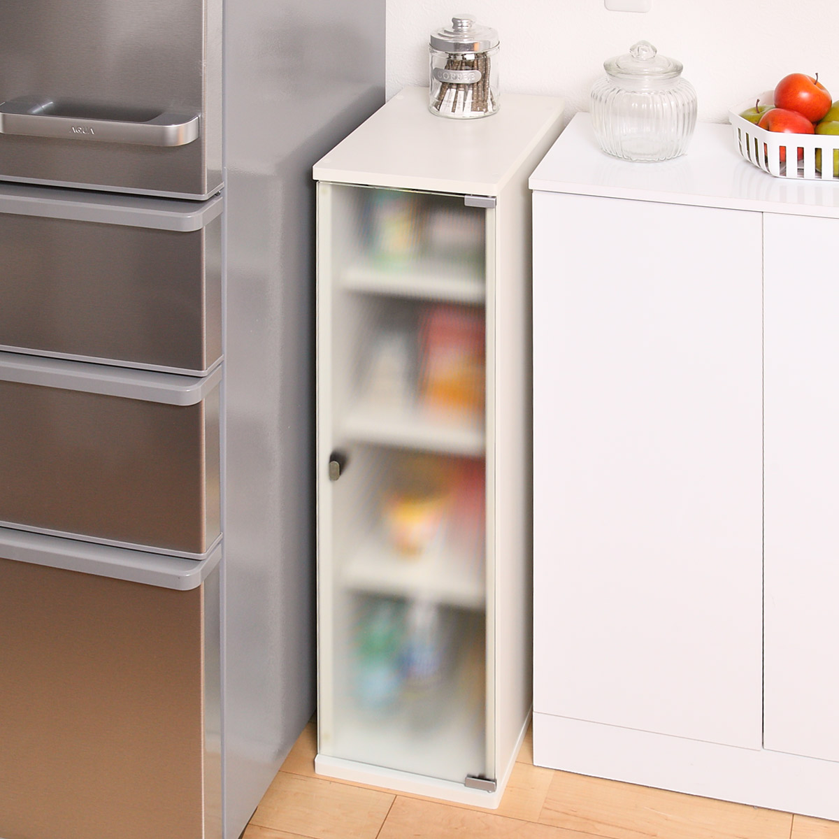 朝日木材加工 キッチン収納 すき間収納 食器棚 ガラスキャビネット 4段