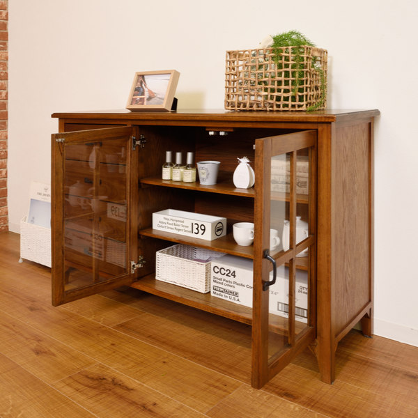 n*t様 期間限定　レトロ　木製引き出し付きキャビネット キャビネット 幅60 完成品 レトロガラス リビングボード 扉収納