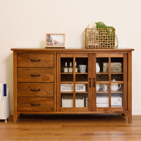 木製クラシックタンス キャビネット　サイドボード　ガラス天板 6引き出し キャビネット サイドボード 天然木 レトロ調 引出し付 Timber 幅120cm