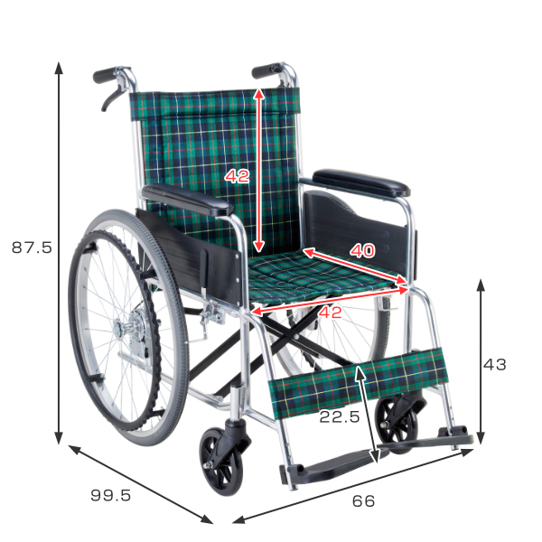 マキテック 車いす アルミ製 自走式 背固定 緑チェック（ナイロン