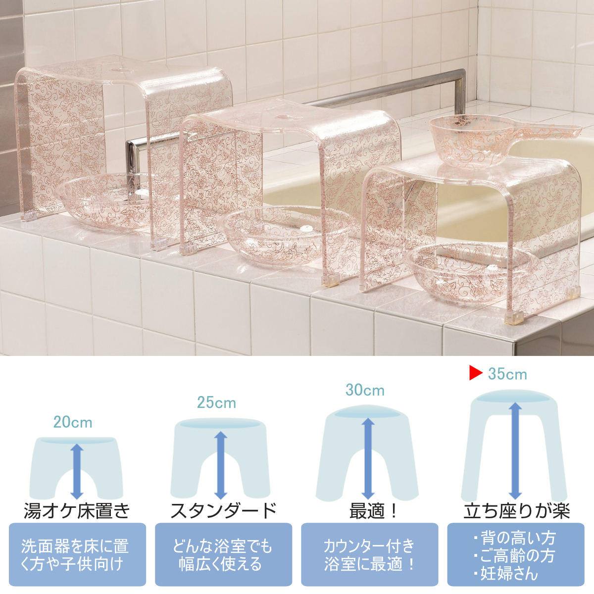 センコー 風呂椅子 座面高さ 35cm クリアローズ LLサイズ （ 風呂 椅子
