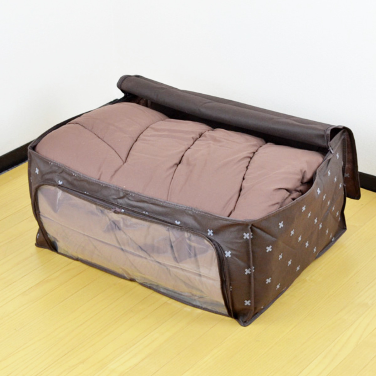 ブラウン系模様 羽毛掛け布団 収納袋付き 布団収納袋 幅65×奥行50×高さ30cm ブラン 羽毛ふとん 透明窓付き