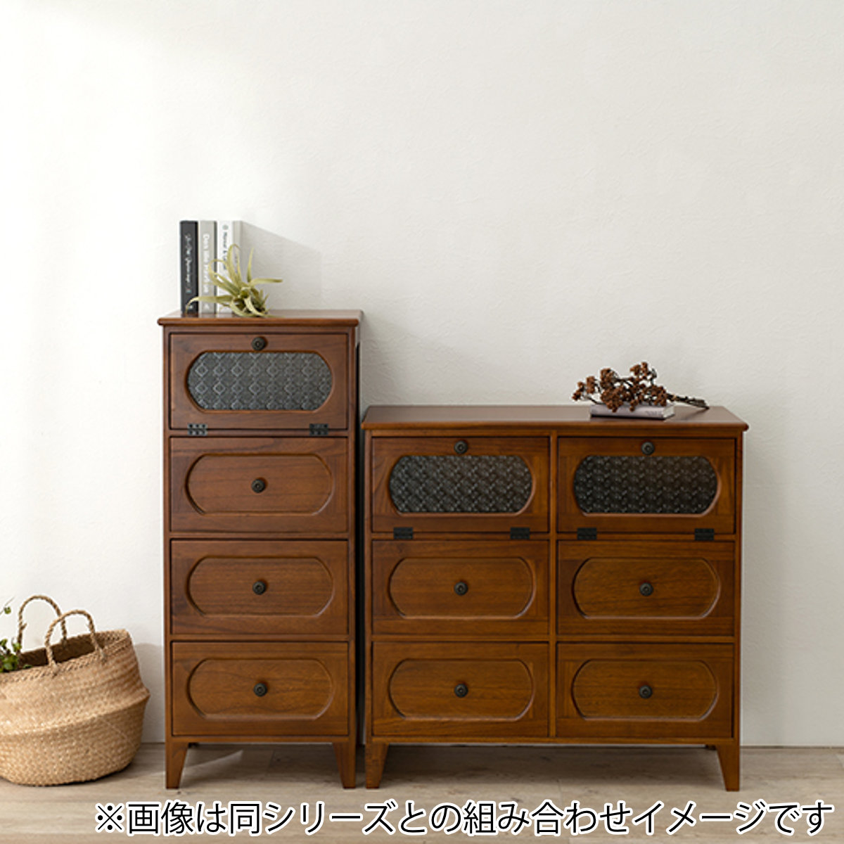 HAGiHARA（萩原） チェスト 3段 ガラス開き戸付 桐製 ビンテージ調 幅