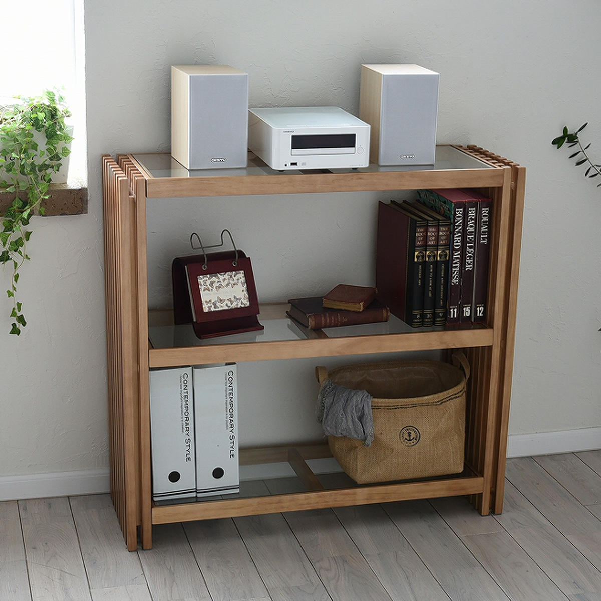 オープンラック 幅90cm 3段 ガラス天板 格子 天然木 FOREST