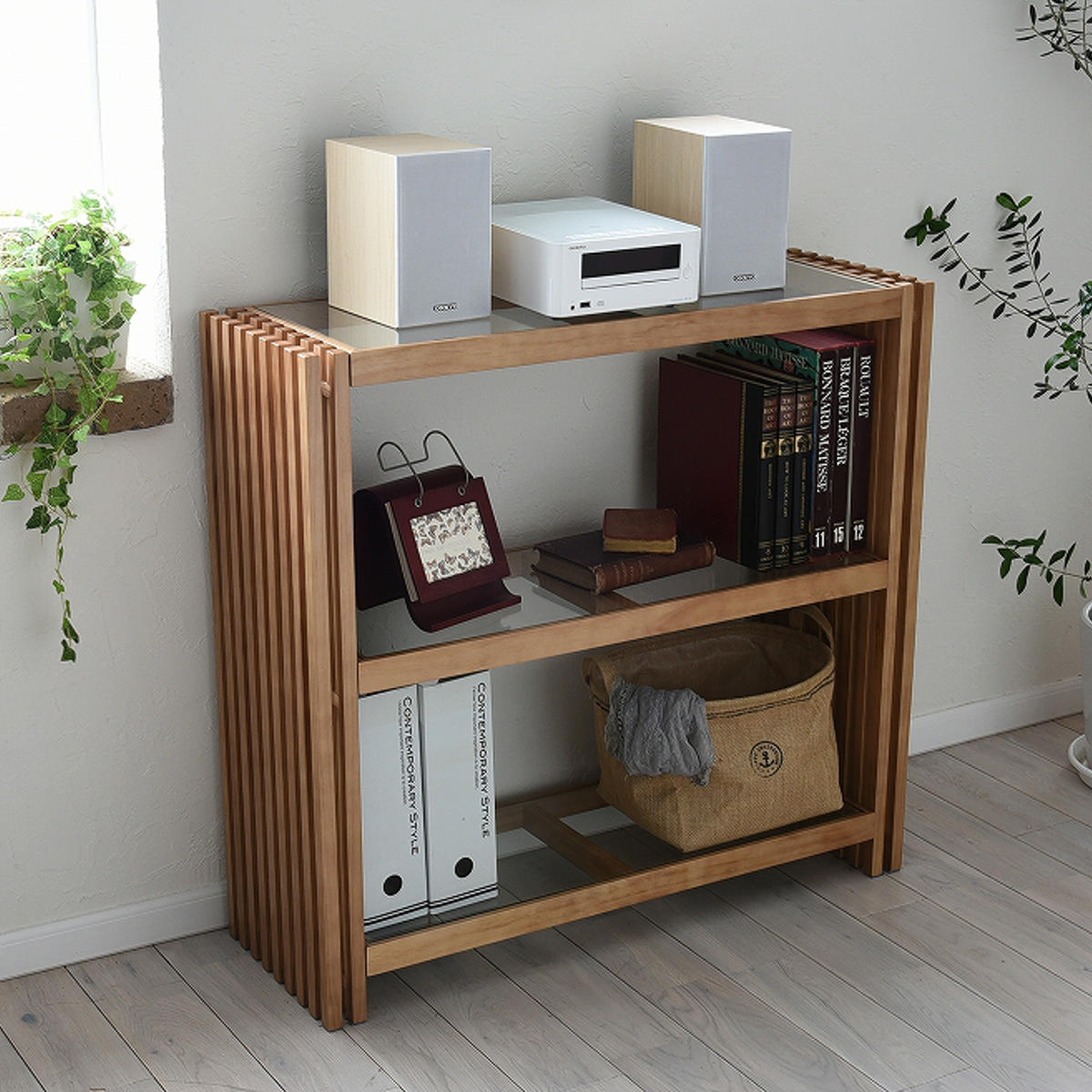 オープンラック 幅90cm 3段 ガラス天板 格子 天然木 FOREST