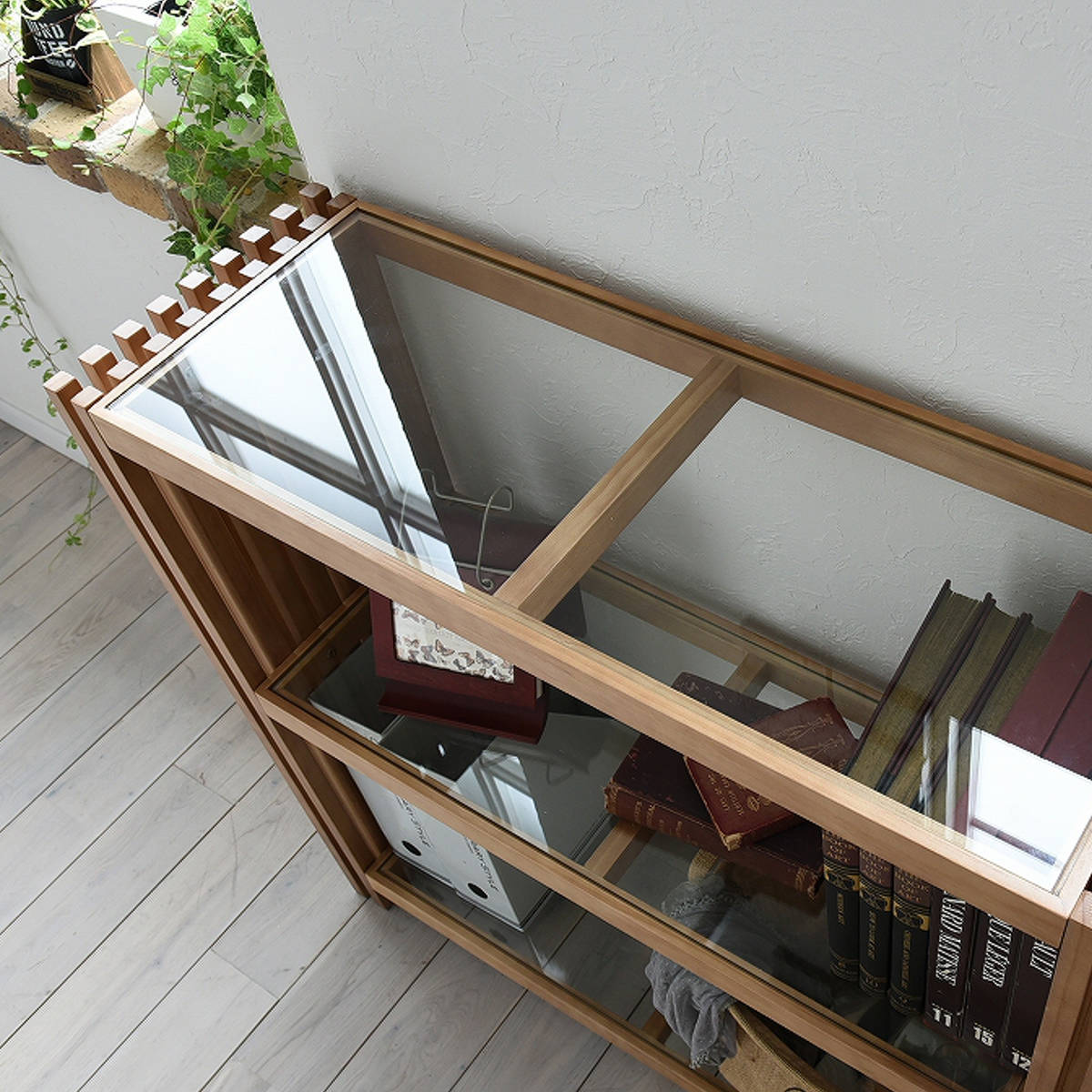 オープンラック 幅90cm 3段 ガラス天板 格子 天然木 FOREST