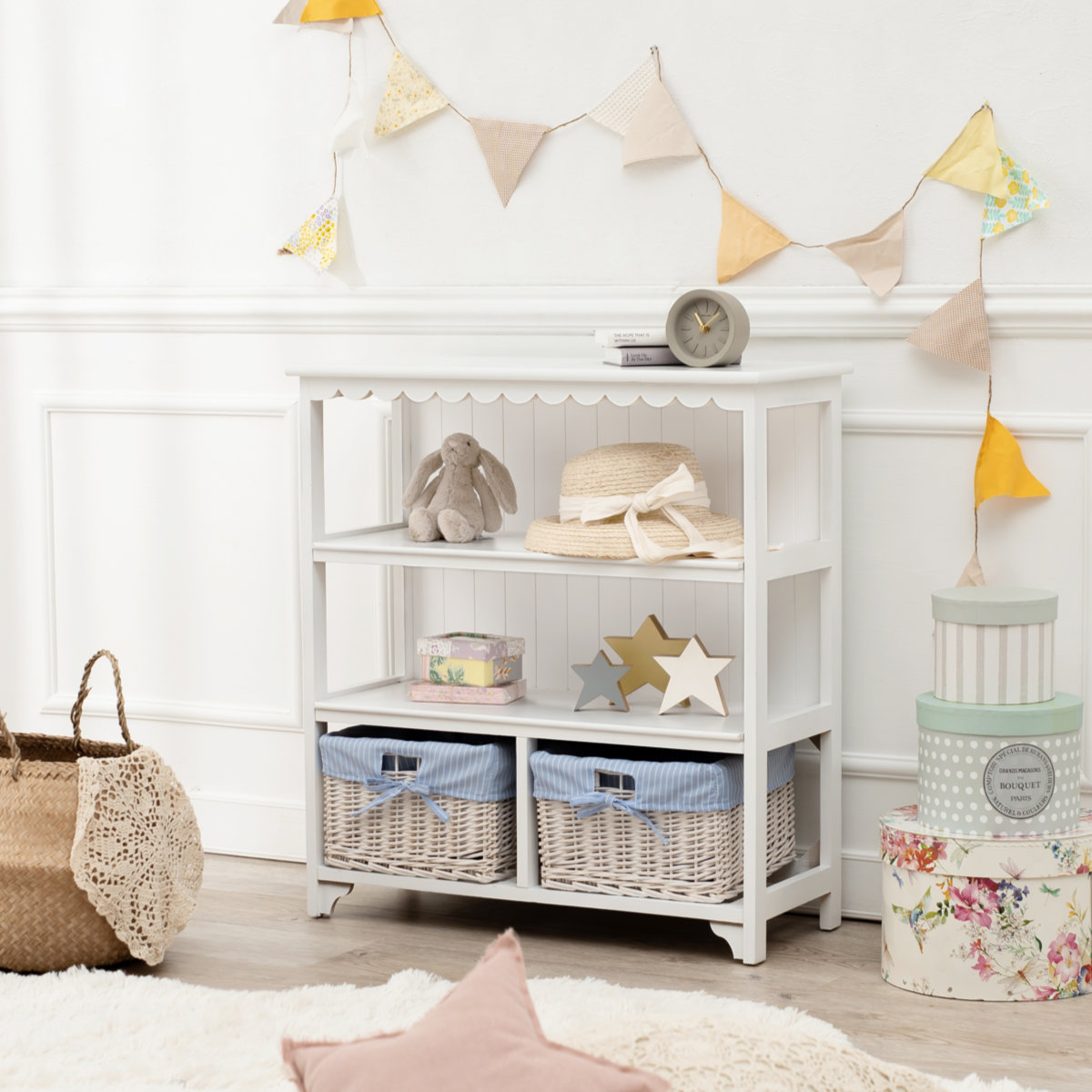 HAGiHARA（萩原） オープンラック 3段 編みカゴ 引出し2杯 姫系