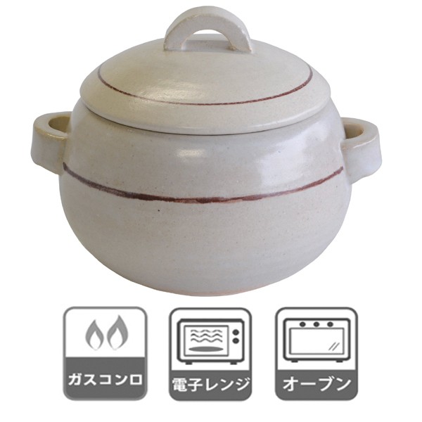マルヨシ陶器 炊飯土鍋 3合炊 直火専用 ラインホワイト 萬古焼 日本製