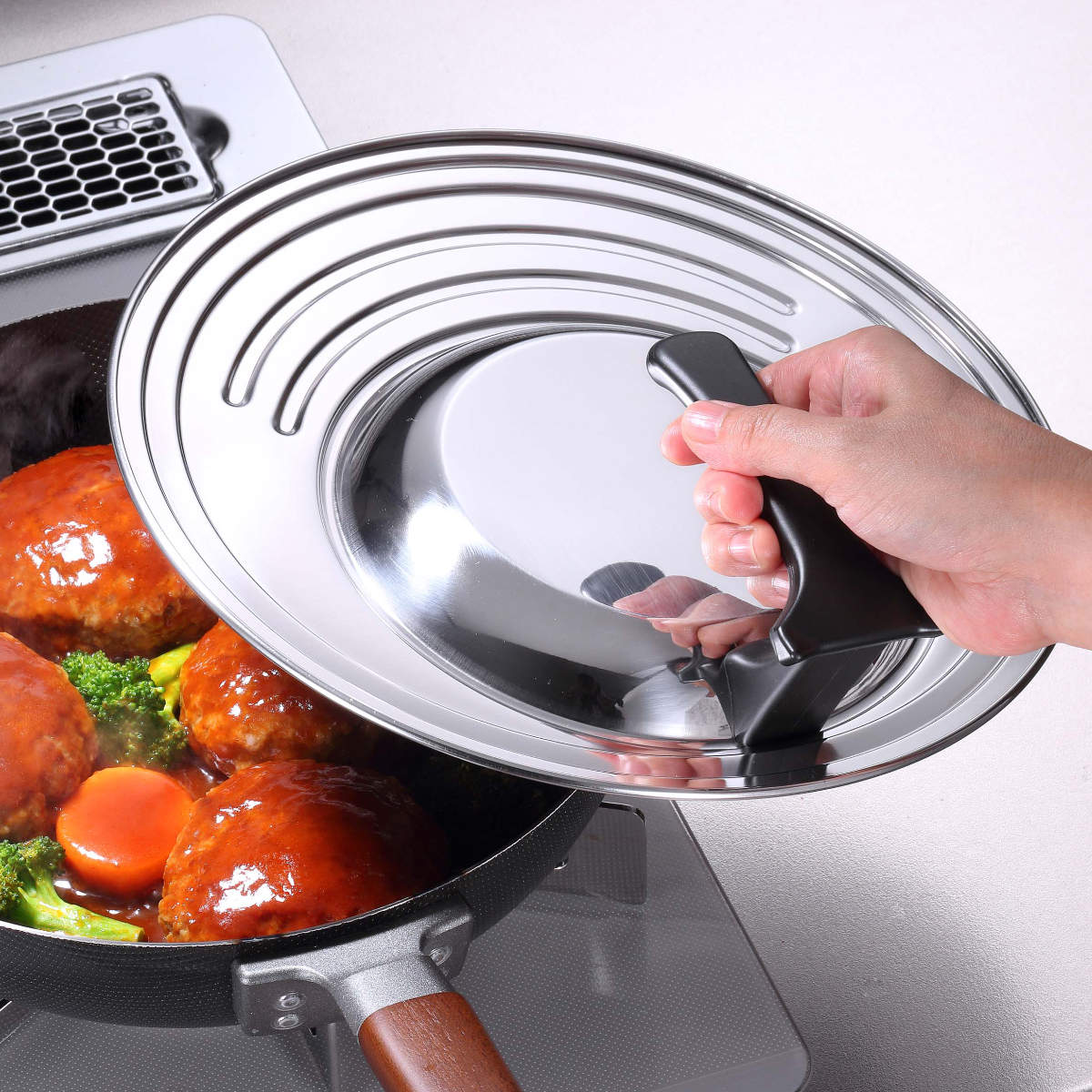 フライパン蓋 18〜26cm スタンド付き フリーサイズ鍋蓋 日本製