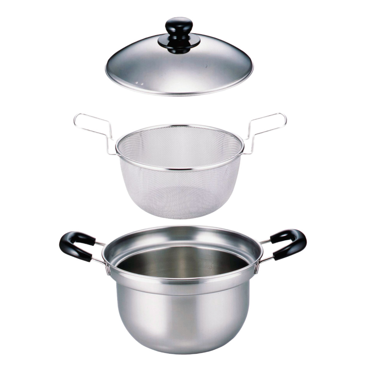 下村企販 両手鍋3点セット 22cm IH対応 蓋付き ザル付き ゆで名人