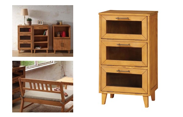 □在庫限り・入荷なし□ チェスト 3段 ガラス扉 天然木 カントリー調