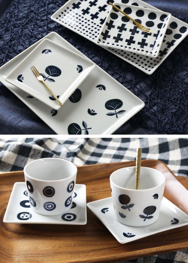 正角皿 13cm ブロックプリント 北欧 美濃焼 食器 小皿 磁器 （ 食洗機